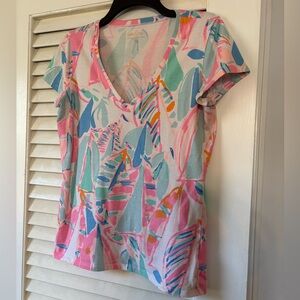 Lilly Pulitzer Short Sleeve V-Neck Tee in Pink, Aqua & Coral